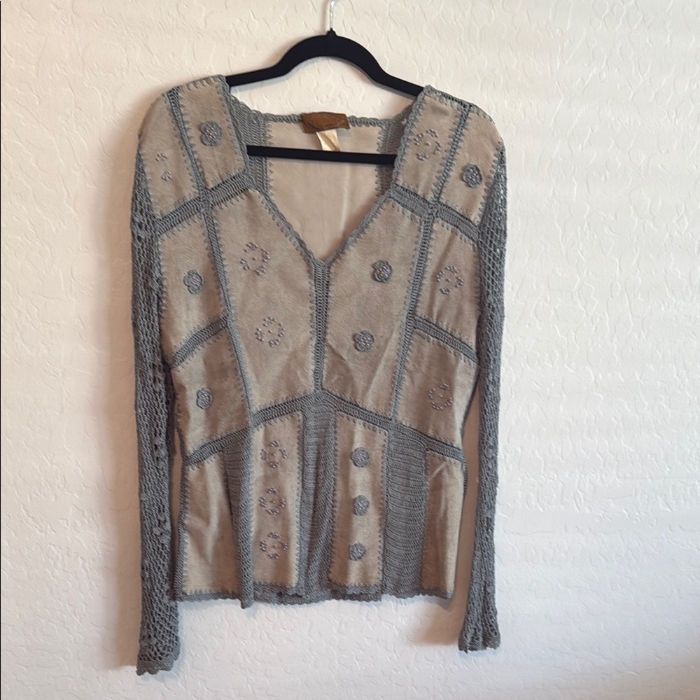 IDI Blue Embellished and Crotchet Long Sleeve Blouse